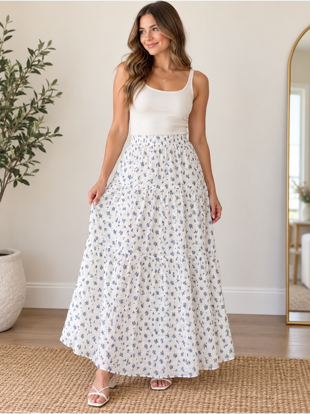 Fashion Nova White Blue Floral Tiered Maxi Skirt Cottagecore NWT